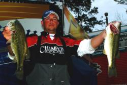 Brandon Crouch of Buna, Texas, is only an ounce behind third place in the Pro Division on day two with 10 bass for 34-15.