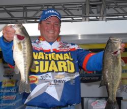 National Guard pro Ramie Colson of Cadiz, Ky., moved up to his best position of the week, second, thanks to a solid 14-pound, 2-ounce catch on day three, which gives him a three-day total of 42 pounds, even.