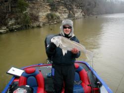 Despite the cold-front conditions, the drum in the Elk River were ammenable to biting for Dave Andrews.