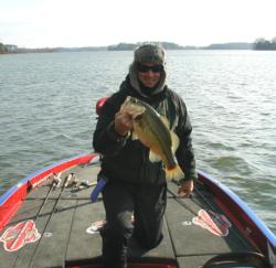 The bass, caught by Dave Andrews, hit a crankbait on a rocky shoreline in one of the creeks down by the dam on Wheeler.