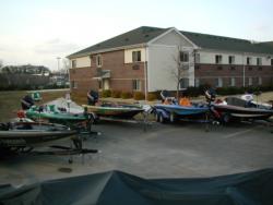 The boatyard at the Hometown Suites in Decatur, Ala. Tuesday was an off day, mostly spent working on tackle.