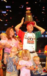 FLW Tour Angler of the Year David Dudley celebrates his victory in the points standings at the Chevy Open with his family at his side.