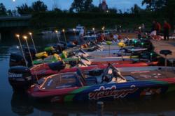 Sponsor-wrapped boats await the final 10 pros competing on the final day of the Wal-Mart FLW Tour Chevy Open.