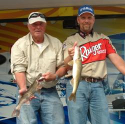 Boater Jerry Fox and co-angler Roy Hammond hold up two Winona walleyes.