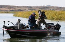 Pro winner Tommy Skarlis boats a chunky Missouri River walleye.