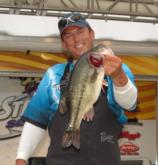 Pro Matt Greenblatt holds up the Snickers Big Bass from day one on Table Rock Lake. His fish weighed 7 pounds, 1 ounce.