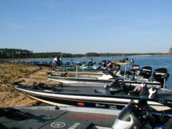 Boats lined up along the shoreline for the day-two weigh-in at Clarks Hill.