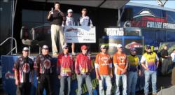 The top five teams acknowledge the crowd during the inaugural FLW College Fishing event at Zapata, Texas.