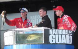 Lamar University students Matt Morrison and Danny Iles weigh in their catch during the inaugural FLW College Fishing event at Zapta, Texas.