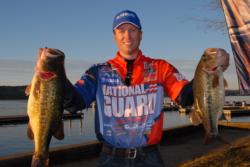 National Guard pro Brent Ehrler of Redlands, Calif., is tied for the fourth place spot after day one with 24 pounds, 9 ounces, thanks to an 8-pound lunker.