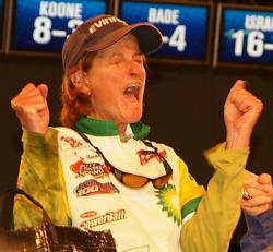 BP co-angler Judy Israel reacts after learning she won the Chevy Open on Lake Guntersville. 
