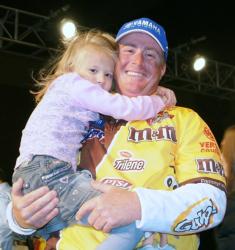 Pro leader Scott Canterbury celebrates with his daughter at the conclusion of the day-three weigh-in. 