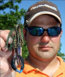 Sixth place pro Benjamin Parker hopes the large profile and contrasting colors of his jig and craw will impress another limit of bass.
