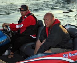 Paired with 31st place pro R.J. Bennett, left, co-angler leader Greig Sniffen holds nearly a 6-pound lead in his division.