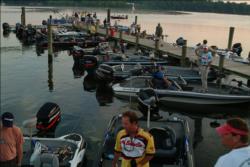 Pros and co-anglers meet at the docks on the Potomac River prior to the start of the tournament. 