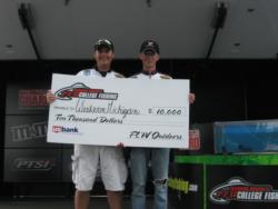 The Western Michigan team of John Gipson, Jr., of Niles, Mich., and Matt Monroe, of Three Rivers, Mich., won the National Guard FLW College Fishing Central Division event on the Detroit River Saturday with six bass weighing 20 pounds 
