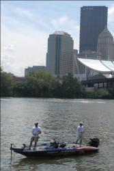 Larry Nixon fishes under the Pittsburgh skyline during practice for the Forrest Wood Cup.