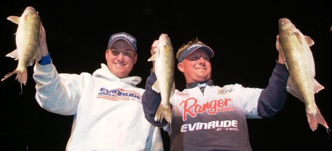 Pro Scott Steil and co-angler Justin Steinke hold up three nice Missouri River walleyes.