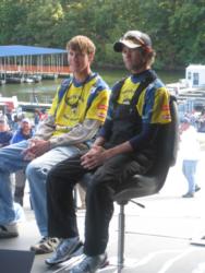 Murray State teammates Kalem Tippett and Steve Miller anxiously await the outcome of final weigh-in at the FLW College Fishing event at Lake of the Ozarks. Murray State ultimately finished the competition in first place.