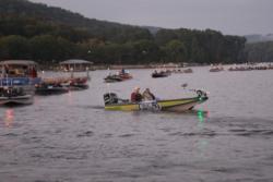 Boats head out for a perfect day of frog fishing on Lake Guntersville at the Stren Series event.