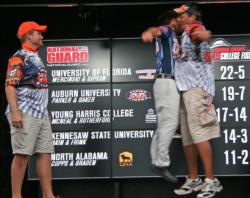National Guard pro Justin Lucas launches himself for a big-time chest bump with Auburn angler Dennis Parker as Parker