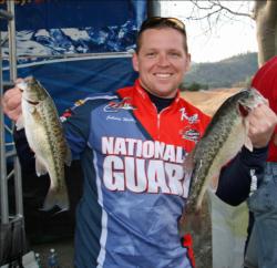 Holding on to his co-angler lead, National Guard team member Johnny Walker stuck with wacky rigging again on day two.