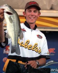Pro Joseph Caporuscio of Coto de Caza, Calif., shows off his first-place catch at the FLW Series event at Lake Mead.