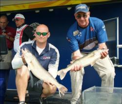 Pro Steve Lotz and co-angler Lance Bainville caught five fish Thursday that weighed 25 pounds, 5 ounces. Each angler sits in second place in their respective divisions.