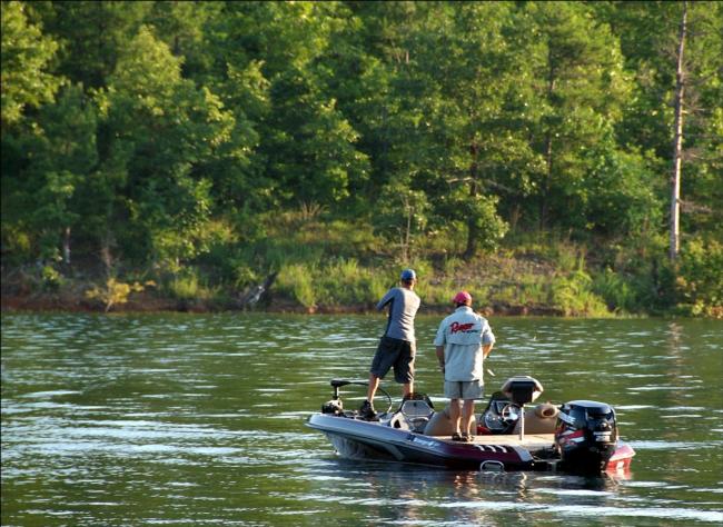 Two All-American competitors make early casts on day two in a cove not far from the takeoff site on DeGray Lake.