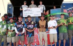 The top five teams at the FLW College Western Division event on the Cal Delta acknowledge the crowd shortly after final weigh-in.