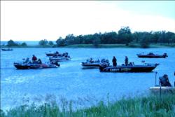 Walleye Tour competitors wait for takeoff on day two at Spring Creek on Lake Oahe.