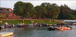 Woodland Resort, the host marina of the FLW Walleye Tour event on Devils Lake, bustles with activity Thursday morning.