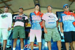 The top-five pros at the FLW Series event on Lake Roosevelt acknowledge the crowd shortly after weigh-in.
