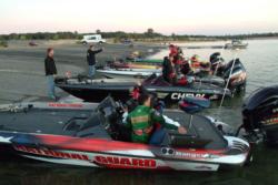 The top-five FLW College finalists prepare to depart Folsom Lake Marina.