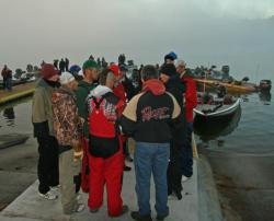 With fog delaying the day three start, the top five teams get a safety talk prior to launch.