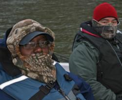 Anglers like Jay Lamb donned the protective headgear before facing the chilly ride across Lake of the Ozarks.