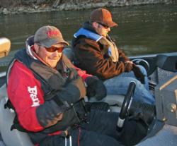 In the number one boat, Roy Hawk and co-angler leader Kenny McGar prepare for take off.