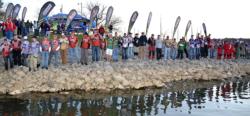 The top 25 teams at the 2011 FLW College Fishing National Championship acknowledge the crowd before takeoff.
