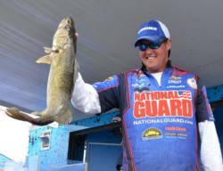 Second-place pro Bill Shimota holds up his biggest walleye from day two on Leech Lake.