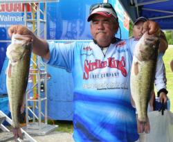 Tony Dumitras leads the Co-angler Division with five bass weighing 20 pounds, 7 ounces.