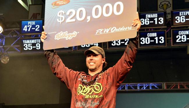 For winning the FLW Tour event on Kentucky Lake, co-angler Richard Peek earned $20,000. 