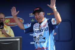 Bob Izumi reacts to the news of his victory at the 1000 Islands.