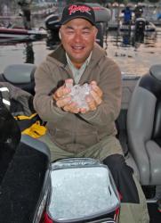 With more hot weather on tap for day two, Canadian pro Bob Izumi carried a huge load of ice to help keep his fish cool in the livewell.
