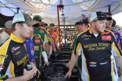 Anglers get ready for opening day weigh-in at the 2011 FLW College Fishing Western Regional Championship.