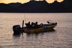FLW College Fishing anglers wait for the sun to rise over Saguaro Lake.