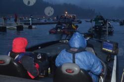 Bundled from head to toe, anglers prepare to battle the inclement conditions on Lake Shasta.
