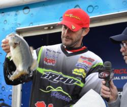 Pro Matt Newman of Agoura Hills, Calif., proudly displays his fourth-place catch at the EverStart Lake Shasta event.