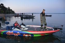 Jed Thigpen of Georgia Southern surveys the landscape before takeoff during the second day of 2012 FLW College Fishing National Championship competition on Lake Murray.