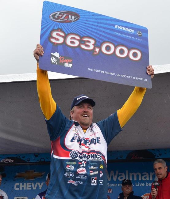 Iowa pro Tommy Skarlis holds up his check for winning the 2012 season opener.