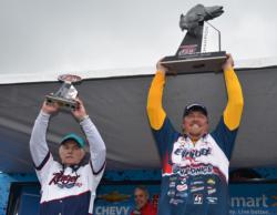 Co-angler Keith Keivens and pro Tommy Skarlis hold up their trophies for winning their respective divisions.